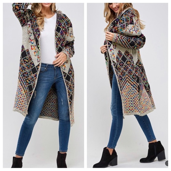 21 Boho Sweater Long Sleeve Hooded Long Cardigan Rainbow Multi Pattern - Picture 5 of 5